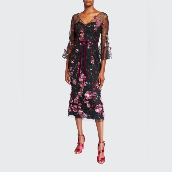 Marchesa Notte V-neck Embroidered Tulle cocktail Dress w 3D Flowers - Size 2 - Picture 1 of 15